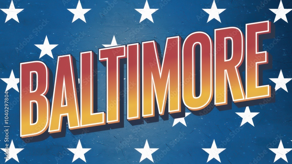 Vibrant Graphic Design: 'BALTIMORE' Text with Stars and Blue Background, Ideal for City Promotions or Merchandise Vibrant Graphic Design: 'BALTIMORE' Text with Stars and Blue Background, Ideal for City Promotions or Merchandise