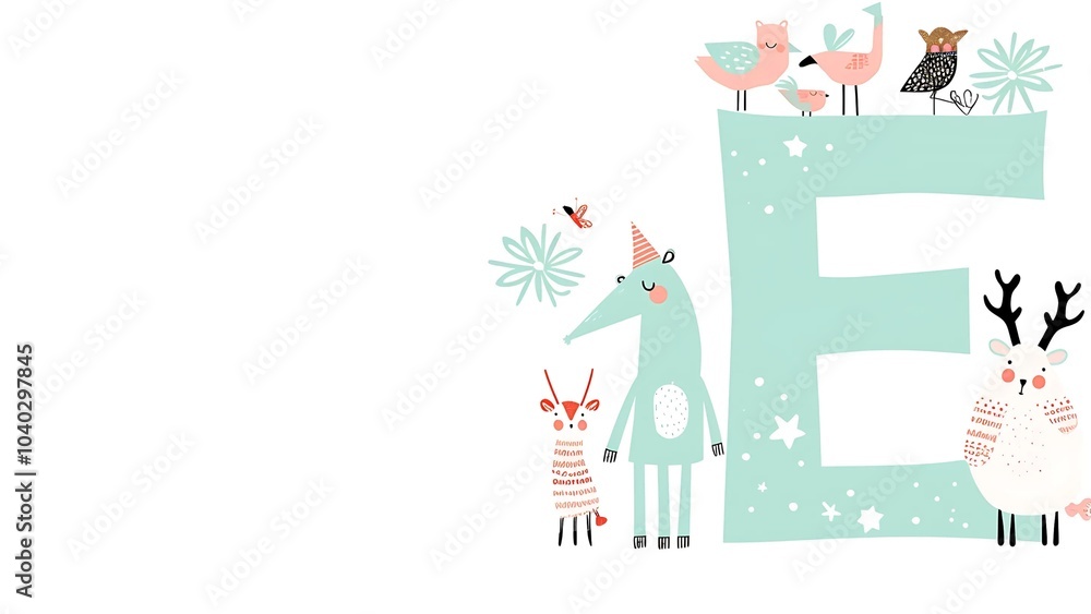 Fototapeta premium Cute Cartoon Animal Characters with Letter E Illustration, Featuring Birds, Reindeer, and Whimsical Creatures in a Playful Nature Scene