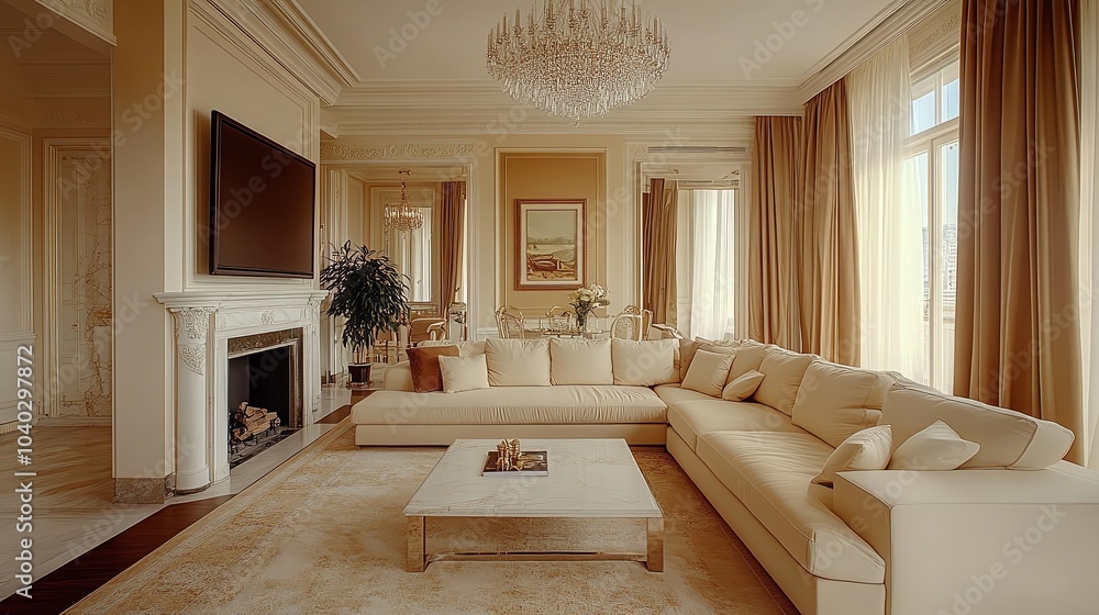 Fototapeta premium Elegant living room with a beige sectional sofa, marble fireplace, and crystal chandelier, luxury elegant living room, refined opulence