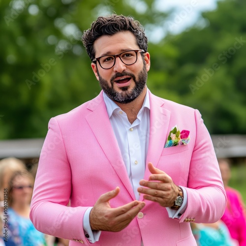 A man in a pink suit speaks engagingly to an audience outdoors. photo