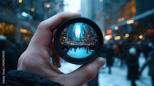 Hand Holding Small Round Lens in Urban Setting