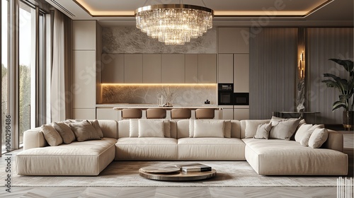 Luxurious openplan living room with a plush Lshaped sofa, sleek kitchen backdrop, and chandelier, luxury openplan living room, seamless elegance photo