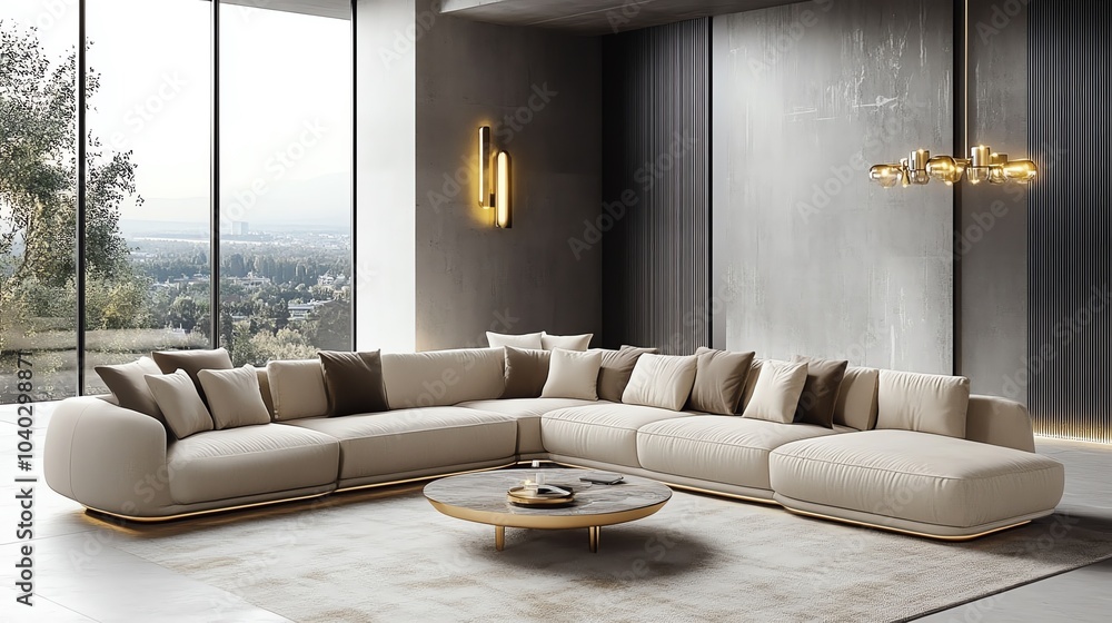 Fototapeta premium Modern luxury living room with a beige sectional sofa, gold lighting fixtures, and concrete walls, luxury modern living room, industrial refinement