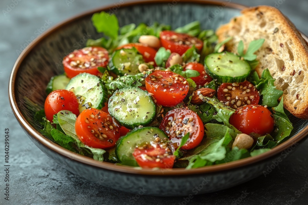Salad with cucumbers, tomatoes and greens on a plate close-up. Vegetables, healthy food, cooking, recipe Salad with cucumbers, tomatoes and greens on a plate close-up. Vegetables, healthy food, cooking, recipe