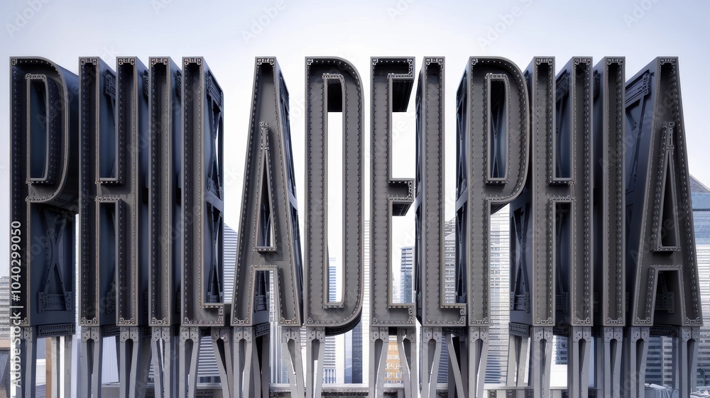 Obraz premium Stylized text of 'PHILADELPHIA' set against a modern skyline, ideal for city-themed designs and promotional materials.