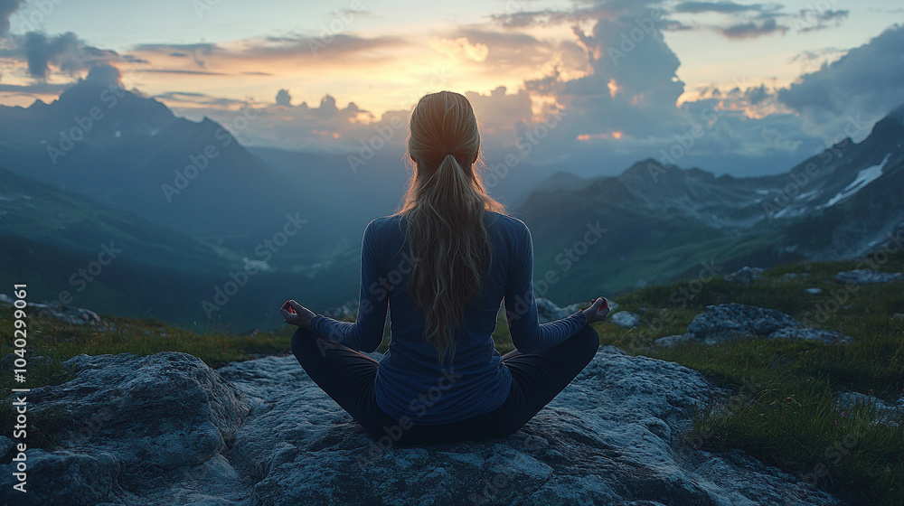 young woman sits on a mountain peak, gazing into the expansive horizon. The scene evokes feelings of freedom, contemplation, and connection to nature, symbolizing self-discovery and inner peace young woman sits on a mountain peak, gazing into the expansive horizon. The scene evokes feelings of freedom, contemplation, and connection to nature, symbolizing self-discovery and inner peace