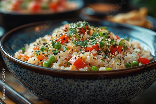 Vegetable stew with rice on a plate close-up. Vegetables, healthy food, cooking, recipe