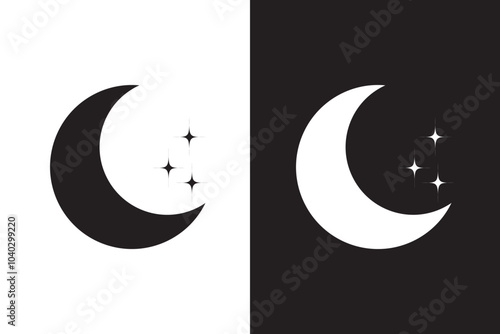 Moon stars icon set. night moon with stars vector symbol. half ramadan moon sign in black filled and outlined style.