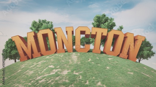 3D Text of 'Moncton' on a Green Hill with Trees and Blue Sky – Ideal for Travel Promotions or Local Branding