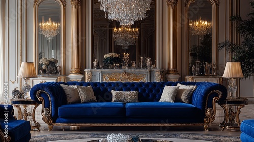 Royal luxury living room with a deep blue velvet sofa, crystal chandelier, and gilded accents, luxury royal living room, regal opulence