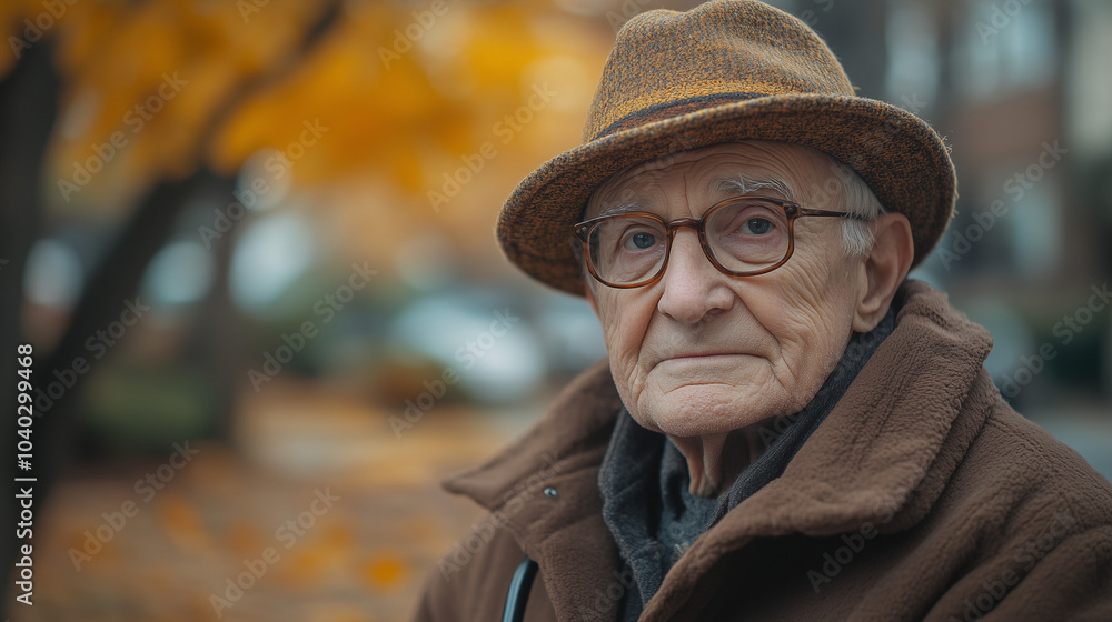 An elderly man wearing a fedora, glasses. He wears a tan trench coat outside, fall colors and autumn leaves on the trees create a seasonal mood. Old age concept. An elderly man wearing a fedora, glasses. He wears a tan trench coat outside, fall colors and autumn leaves on the trees create a seasonal mood. Old age concept.