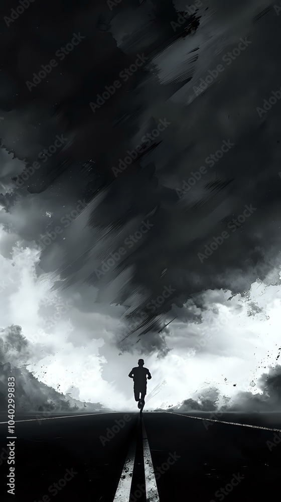 Fototapeta premium A solitary figure walks towards a dark, stormy sky, evoking a sense of journey and uncertainty.