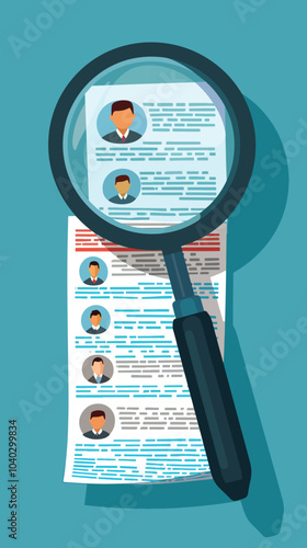 vector Magnifying Glass Over Resumes, Searching for the Best Candidate, Best Job Candidate 