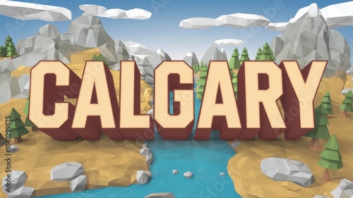 3D Illustration of 'Calgary' with Mountains and River, Ideal for Travel Promotions and City Branding