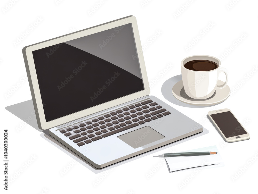 Modern Desk Layout with Laptop and Coffee Modern Desk Layout with Laptop and Coffee