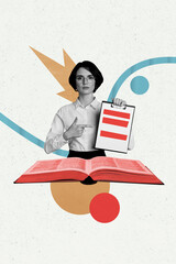 Composite trend artwork 3D sketch image collage of copyspace education student study young lady hold clipboard open book finger point