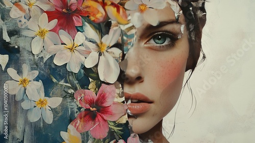 Abstract contemporary surreal art collage portrait of young woman with flowers 