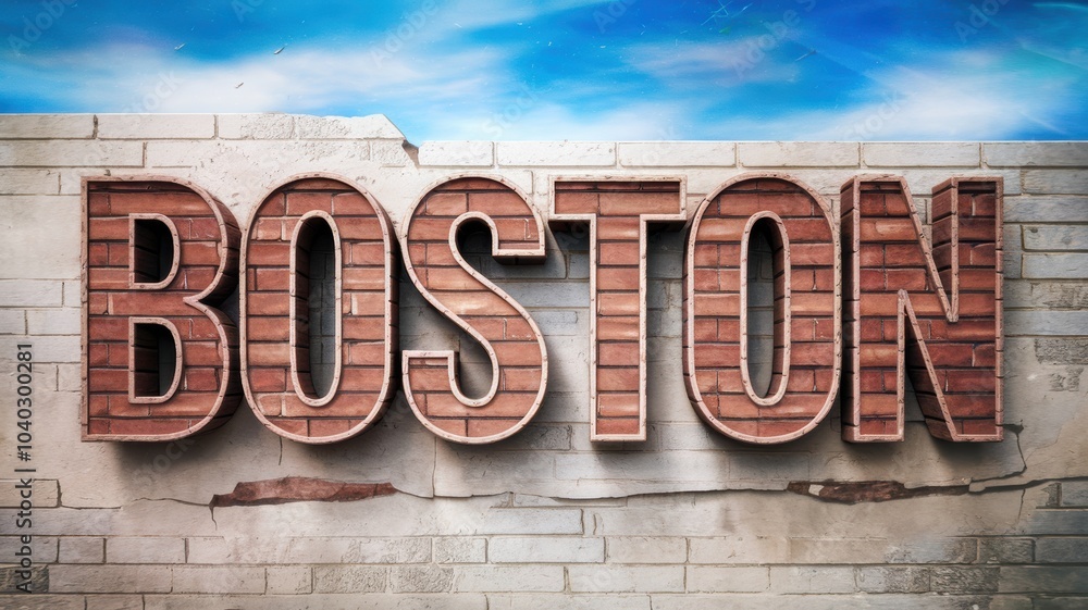 Stylized Wall Art Featuring 'BOSTON' in Brick Texture Against a Blue Sky for Urban Decor Use Stylized Wall Art Featuring 'BOSTON' in Brick Texture Against a Blue Sky for Urban Decor Use