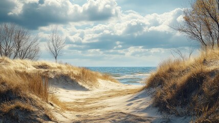 Stickers Plage et Mer Sandy path through dunes leading to calm sea under partly cloudy sky  © Artyom