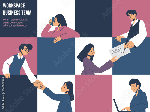 Creative characters. People community. Office collogues teamwork. Workplace communication. Business persons team. Work technology. Businessman partnership. Vector flat banner design