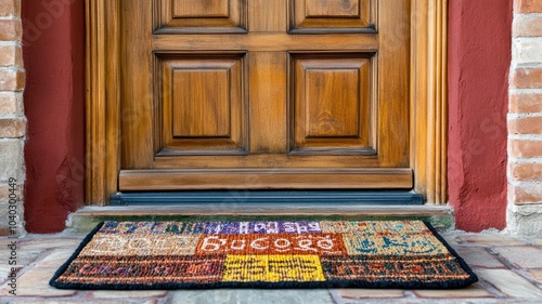 Colorful doormat with various patterns placed in front of wooden door photo