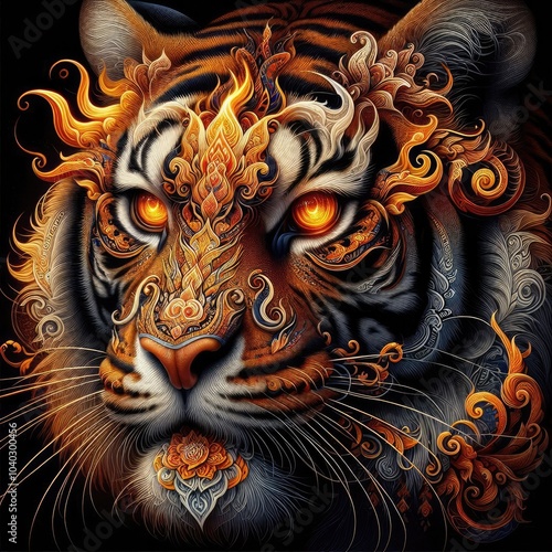 Ultra-Realistic 8K Digital Illustration of a Fierce Tiger with Intricate Thai Art Motifs: Majestic, Fiery Patterns, Symmetrical Ornaments, and Mystical Elements in Vibrant Colors