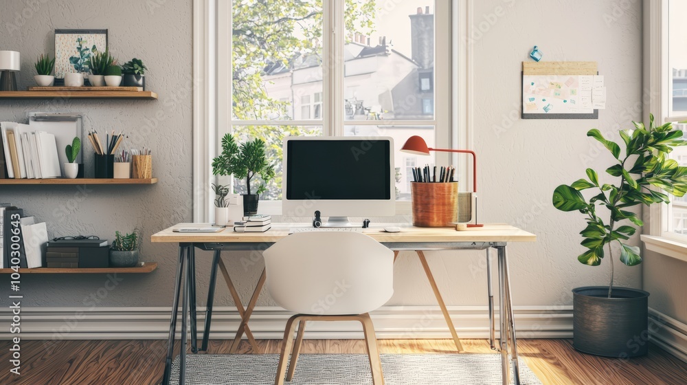 Fototapeta premium A clean and organized office space with a white desk, a computer monitor