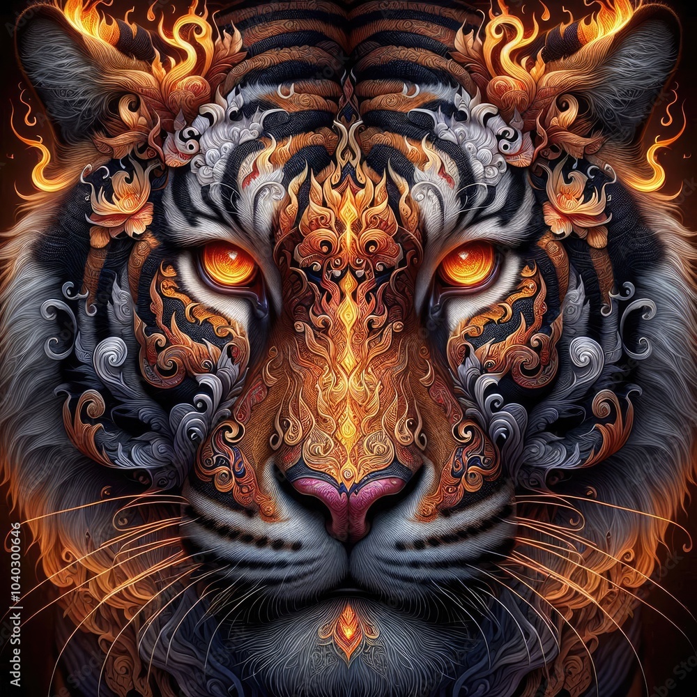 Ultra-Realistic 8K Digital Illustration of a Fierce Tiger with Intricate Thai Art Motifs: Majestic, Fiery Patterns, Symmetrical Ornaments, and Mystical Elements in Vibrant Colors Ultra-Realistic 8K Digital Illustration of a Fierce Tiger with Intricate Thai Art Motifs: Majestic, Fiery Patterns, Symmetrical Ornaments, and Mystical Elements in Vibrant Colors
