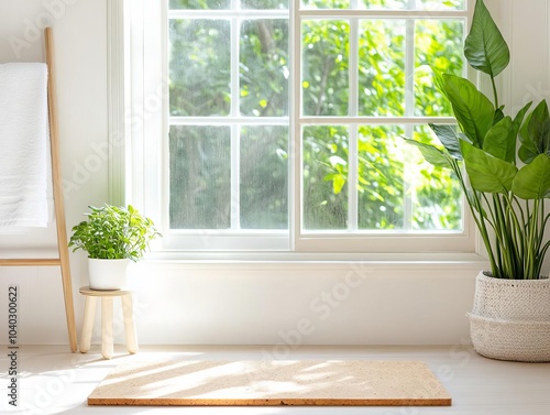 Eco-friendly cork bath mat, next to greenery and natural light, sustainable living concept