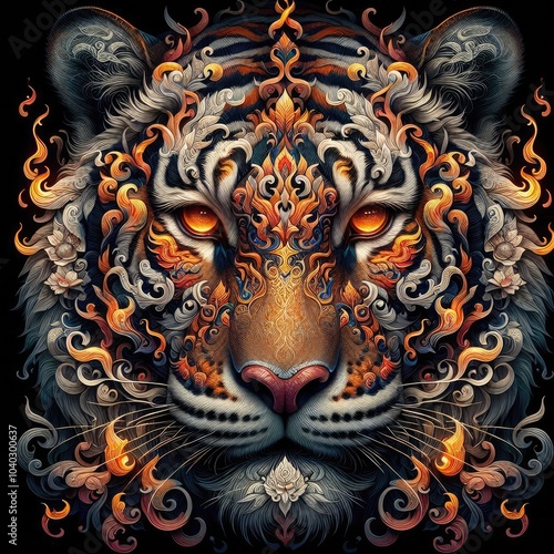 Ultra-Realistic 8K Digital Illustration of a Fierce Tiger with Intricate Thai Art Motifs: Majestic, Fiery Patterns, Symmetrical Ornaments, and Mystical Elements in Vibrant Colors