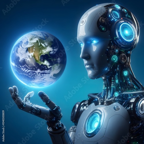 artificial intelligence Earth globe holding hand watch probing gaze looking cyborg science engineering