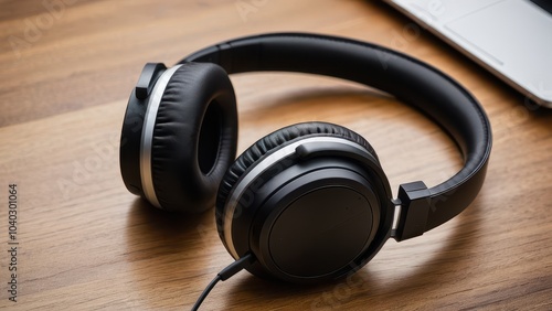 A pair of black over-ear headphones with a sleek design rests on a wooden desk. The right side features a connecting cable, near a laptop.