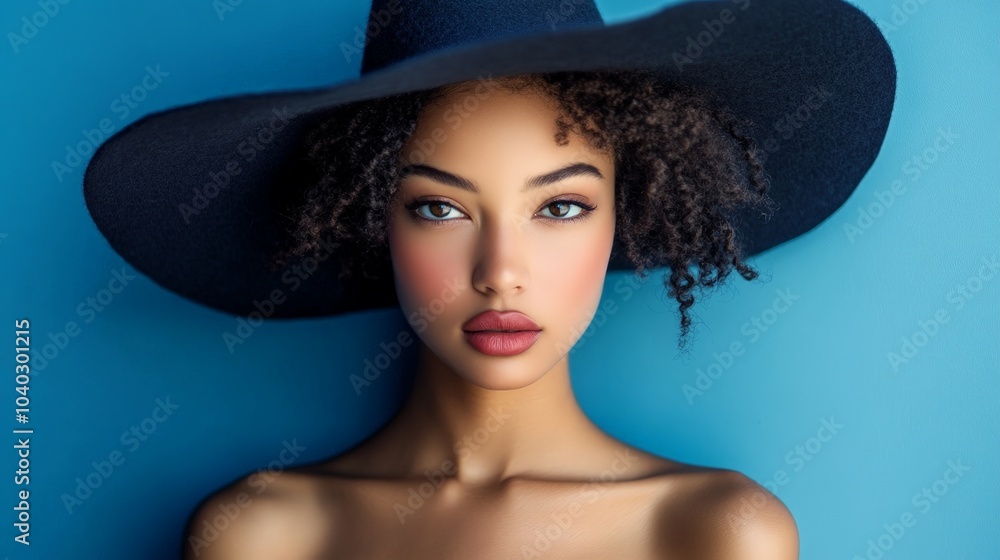 Model wearing a stylish hat against a vibrant blue backdrop, showcasing contemporary fashion and personal expression in a striking visual composition. Model wearing a stylish hat against a vibrant blue backdrop, showcasing contemporary fashion and personal expression in a striking visual composition.