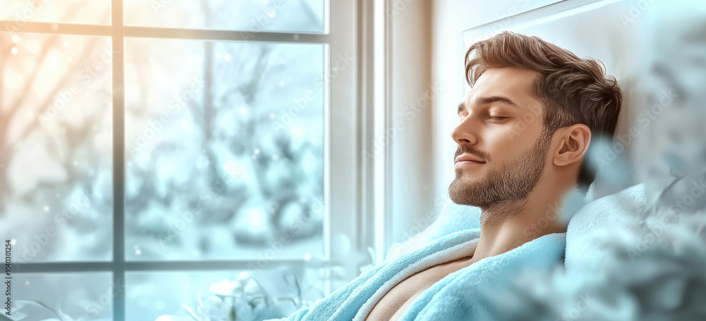 Mann bei der Erholung nach dem Training oder Spar – Entspannende Szene mit dampfendem Tee als Wellness Illustration im Winter Mann bei der Erholung nach dem Training oder Spar – Entspannende Szene mit dampfendem Tee als Wellness Illustration im Winter