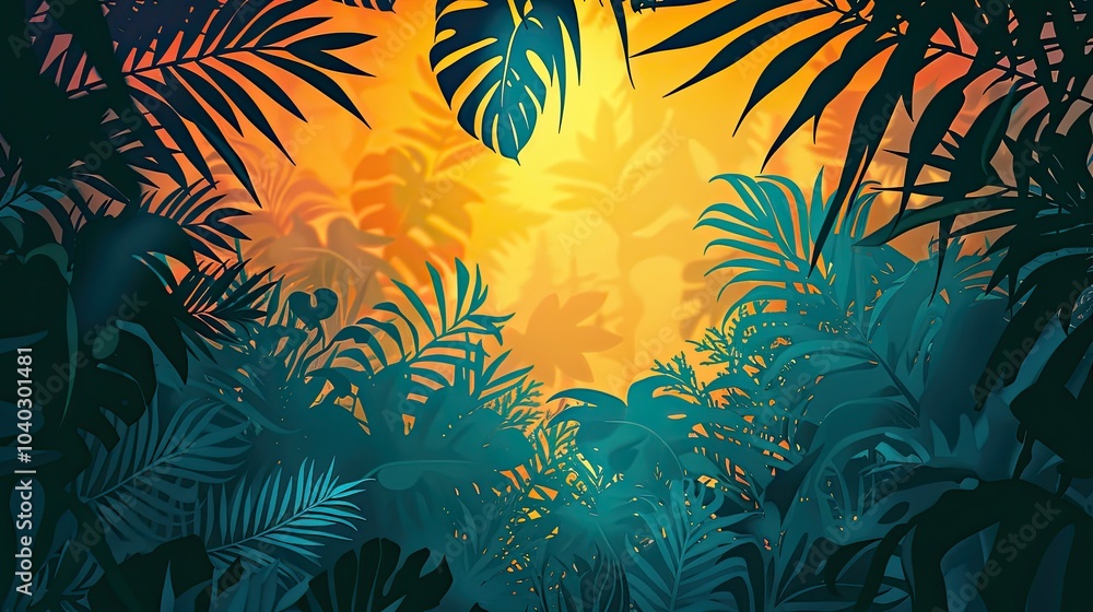 Abstract jungle scene with glowing plant silhouettes