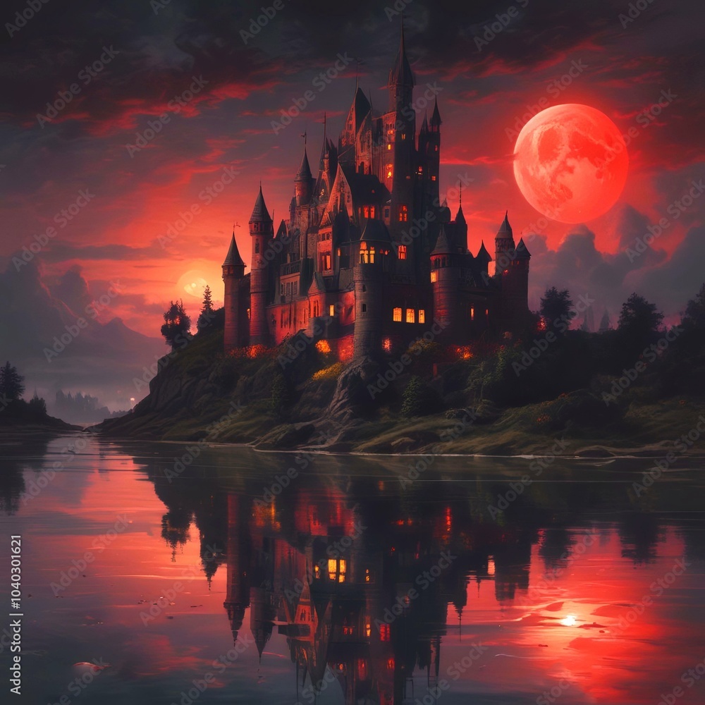 Naklejka premium Illustration of nightmare castle with red moon behind.