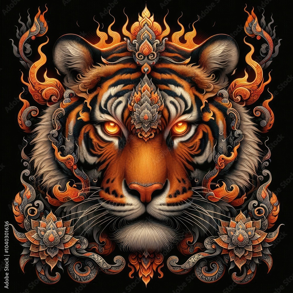 Ultra-Realistic 8K Digital Illustration of a Fierce Tiger with Intricate Thai Art Motifs: Majestic, Fiery Patterns, Symmetrical Ornaments, and Mystical Elements in Vibrant Colors Ultra-Realistic 8K Digital Illustration of a Fierce Tiger with Intricate Thai Art Motifs: Majestic, Fiery Patterns, Symmetrical Ornaments, and Mystical Elements in Vibrant Colors