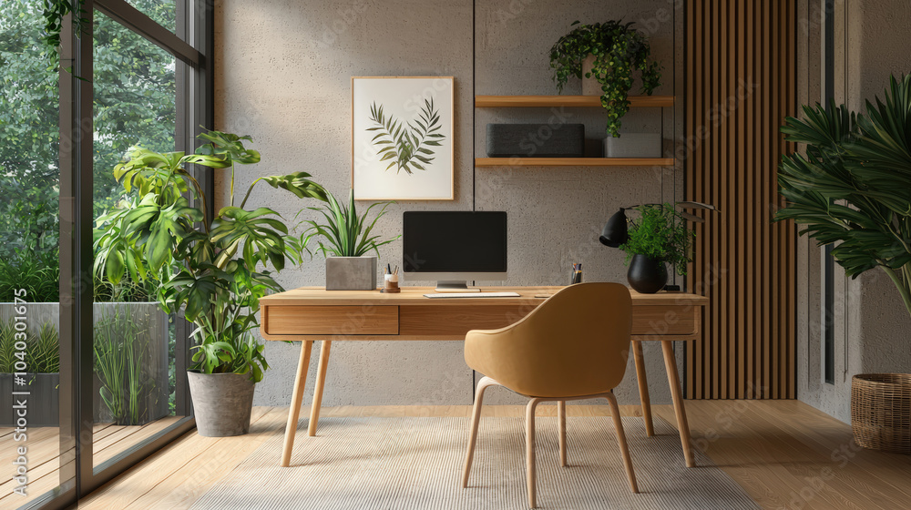 A modern office with a large window and a desk with a computer and a plant A modern office with a large window and a desk with a computer and a plant