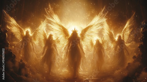 Celestial beings Enochs visions glowing wings shining crowns and radiant celestial armor floating in a world filled with divine light and spiritual energy evoking heavenly power photo