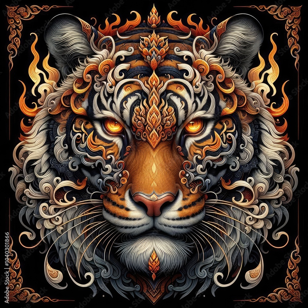 Fototapeta premium Ultra-Realistic 8K Digital Illustration of a Fierce Tiger with Intricate Thai Art Motifs: Majestic, Fiery Patterns, Symmetrical Ornaments, and Mystical Elements in Vibrant Colors