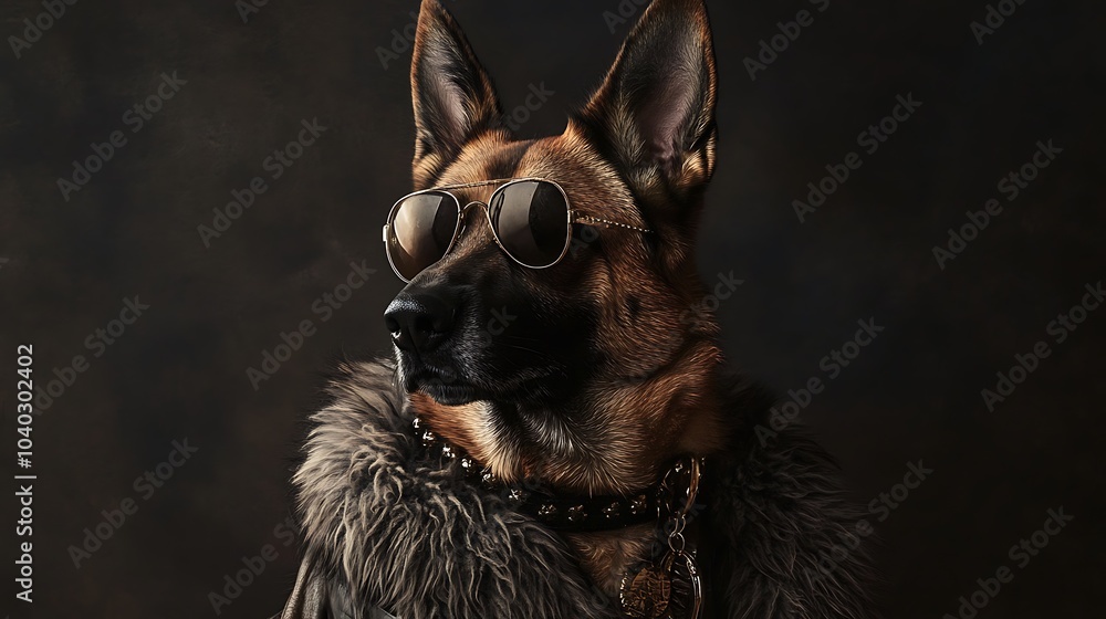 German Shepherd Dog Wearing Sunglasses and Fur Collar German Shepherd Dog Wearing Sunglasses and Fur Collar