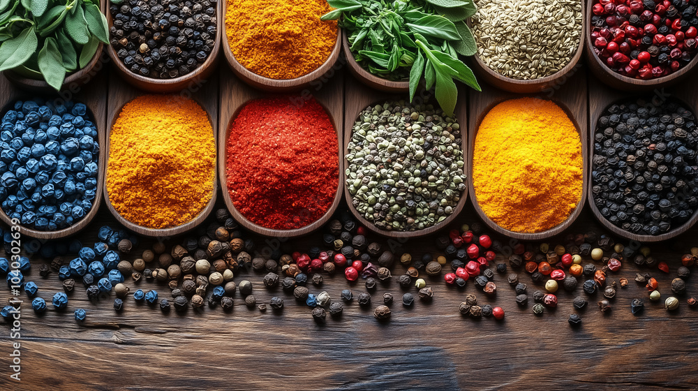 A variety of colorful spices are neatly arranged in wooden bowls on a rustic counter, highlighting culinary diversity A variety of colorful spices are neatly arranged in wooden bowls on a rustic counter, highlighting culinary diversity