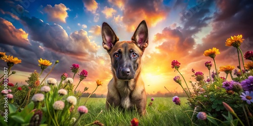 Surreal Belgian Malinois Puppy in Enchanted Grassland - Dreamy Canine Photography