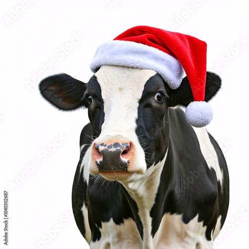 cute black and white cow wearing santa hat  christmas holiday  animal portrait  isolated on white background