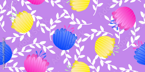  hand drawn flowers seamless pattern. Abstract floral background. Template for design, textile, fashion, surface design, fabric, interior decor, wallpaper