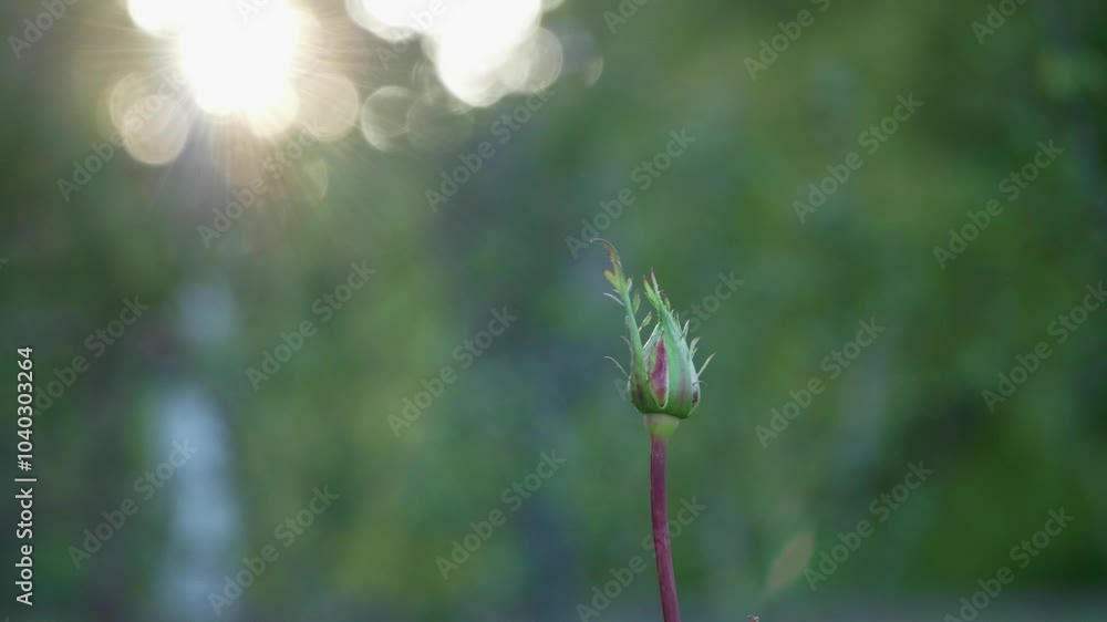 A New Rose Bud Glimmers in the Gentle Morning Light, Signifying Natures Beauty and Growth A New Rose Bud Glimmers in the Gentle Morning Light, Signifying Natures Beauty and Growth