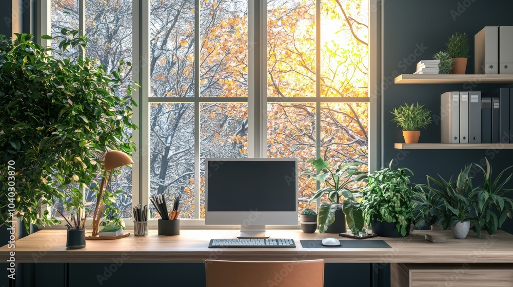 A computer desk with a monitor, keyboard, mouse, and a potted plant A computer desk with a monitor, keyboard, mouse, and a potted plant