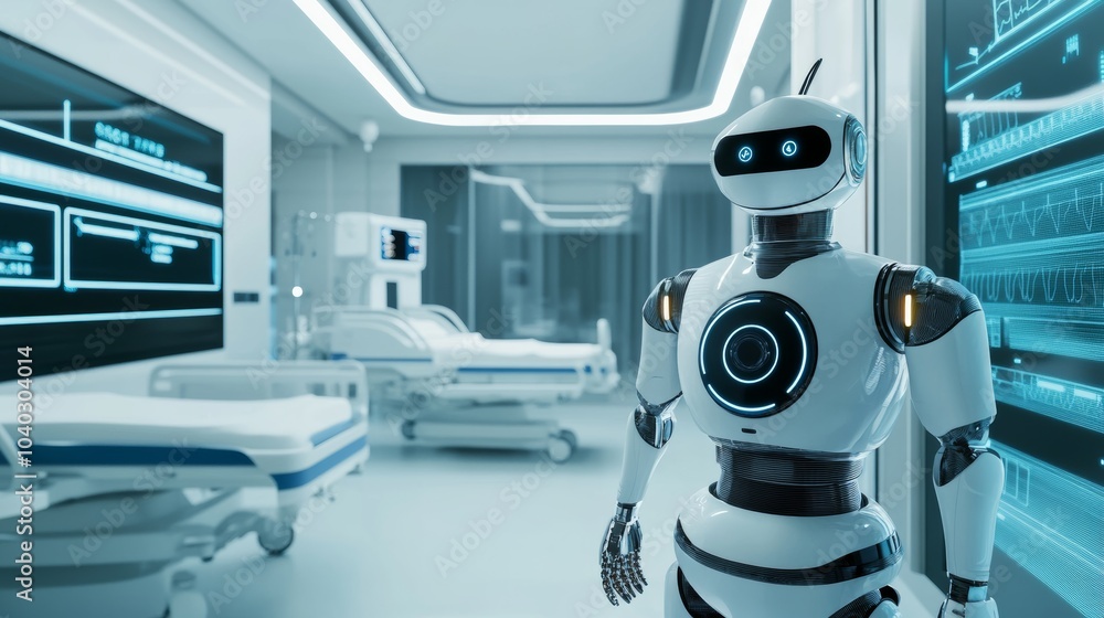 A robotic assistant performing maintenance in a sleek, futuristic hospital room, clean and high-tech medical environment A robotic assistant performing maintenance in a sleek, futuristic hospital room, clean and high-tech medical environment