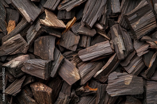 Premium dark Agarwood Chips deforestation backgrounds abundance. photo