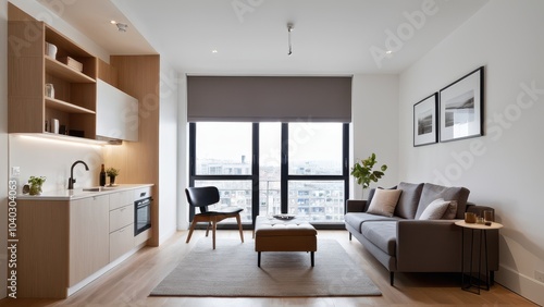 Wallpaper Mural A modern bedroom with wooden elements features a cozy bed, sleek desk setup, built-in shelves, and natural light through large windows. Torontodigital.ca